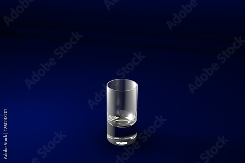 3D illustration of vodka shot glass on dark blue design background - drinking glass render