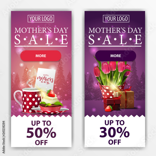 Two discount modern vertical banners for mother's day with cup of tea with cupcake, bucket with tulips and gift