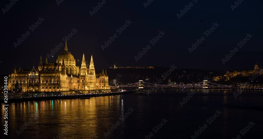A view of Hungarian Parliament building and Danube river at night. Time lapse A view of Hungarian Parliament building and Danube river at night. Time lapse
