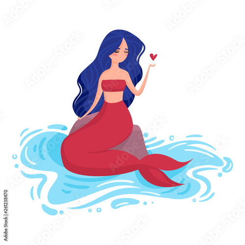 Mermaid with blue hair and red tail sits on a stone in the water and holding a heart.