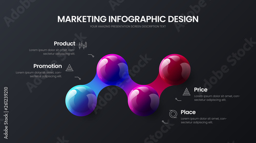 Business 4 option infographic presentation vector 3D colorful balls illustration. Corporate marketing analytics data report design layout. Company statistics information graphic visualization template
