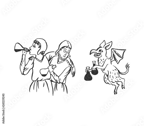 Medieval art drunk men hallucinating about devil