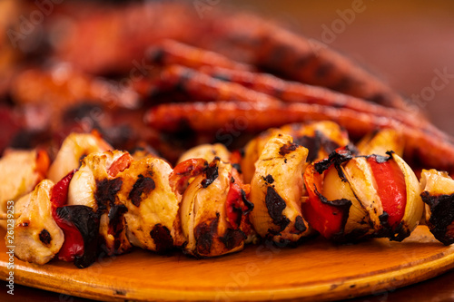 close up of mix grill served on a plate, selective focus