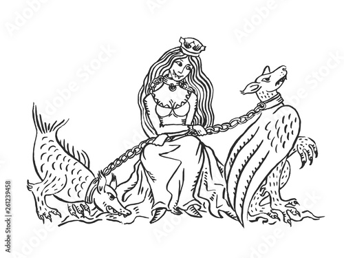 Medieval art evil queen with chimera pets