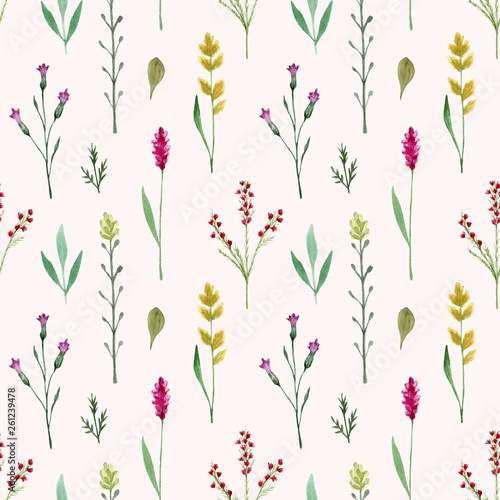Seamless pattern watercolor wildflowers isolated on white background. Hand drawn painted flowers illustration. Summer disign © Anastasia