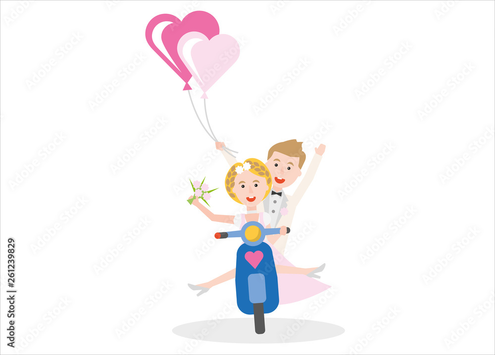 young cute wedding couple crazy in love sitting on a blue motor scooter young cute wedding couple crazy in love sitting on a blue motor scooter