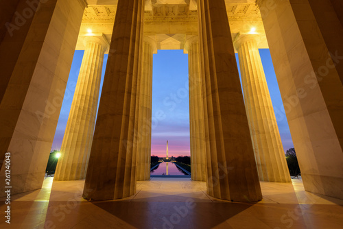 Wide angle view of Washington Monument with its reflection  from Lincoln Memorial at Sunrise, Washington DC