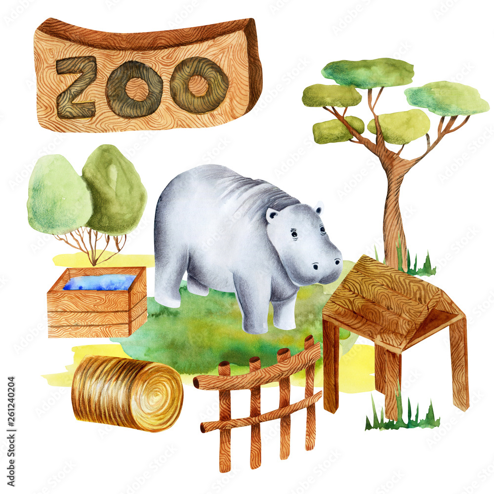 Φωτογραφία Watercolor illustration of a hippopotamus at the zoo, isolated scene hand drawn