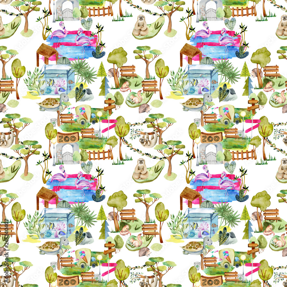 Obraz premium Watercolor sloths, flamingo and aquarium at the zoo seamless pattern, hand drawn on a white background