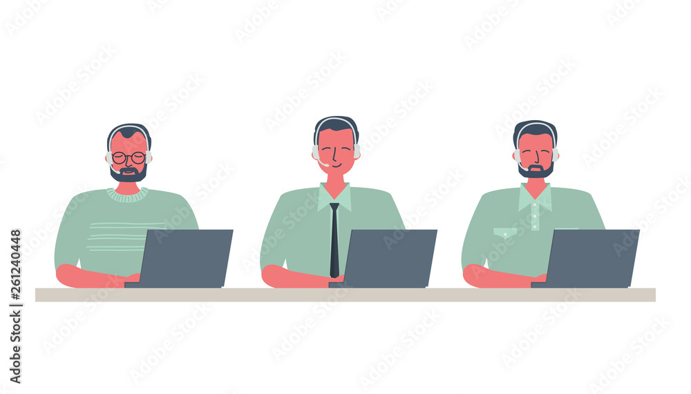 Web banner of call center workers. Young men in headphones sitting at the table on a white background. People icons. Funky flat style. Vector illustration. Web banner of call center workers. Young men in headphones sitting at the table on a white background. People icons. Funky flat style. Vector illustration.
