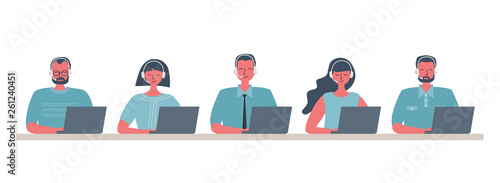 Web banner of call center workers. Young men and women in headphones sitting at the table on a white background. People icons. Funky flat style. Vector illustration.