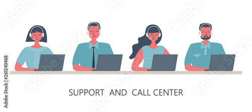 Web banner of call center workers. Young men and women in headphones sitting at the table on a white background. People icons. Funky flat style. Vector 