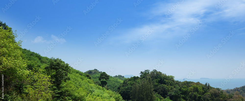 A summer alpine panorama of a wide thai valley with cloudy sky, haze and fresh green pastures 
