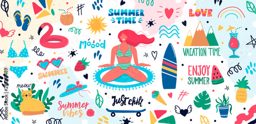 Collection of cute summer time elements handwritten lettering slogans