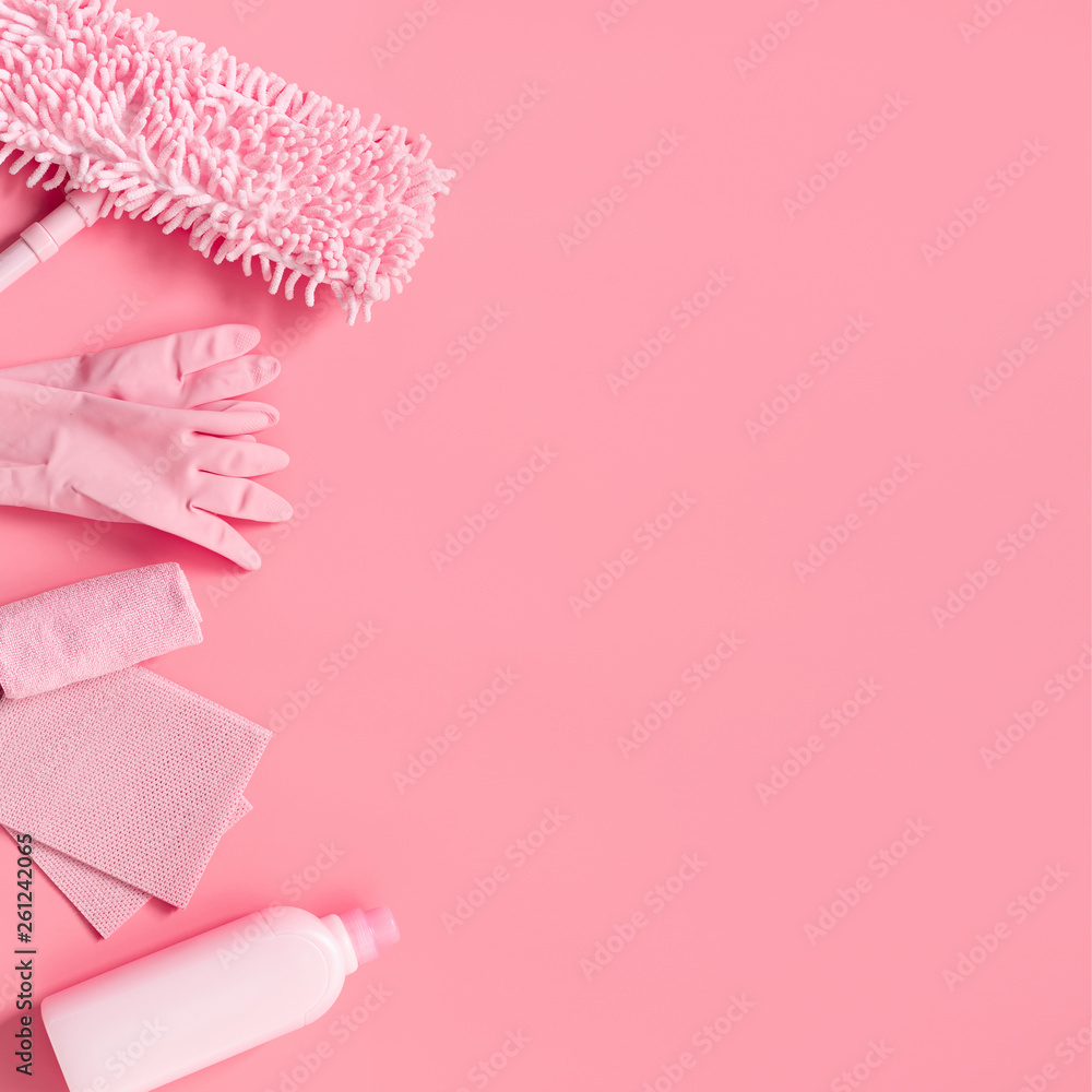 Cleaning kit on a pink background. Copy space. Stock Photo | Adobe Stock