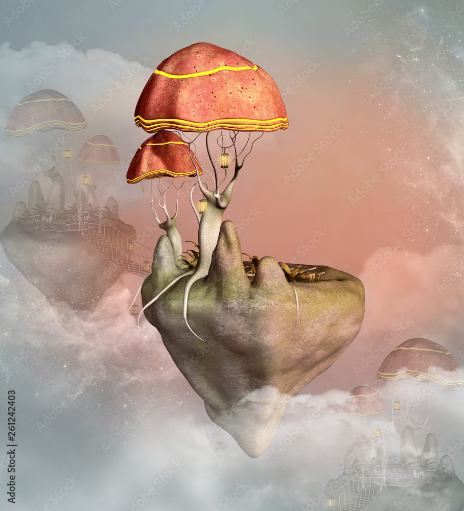 Fantasy flying mushrooms town - 3D illustration - obrazy, fototapety, plakaty 