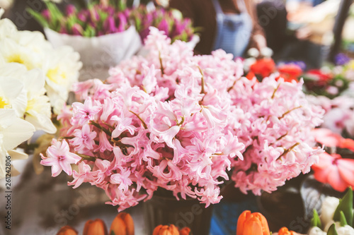 Fototapeta Naklejka Na Ścianę i Meble -  Fresh Spring Bouquet Flowers Hyacinths For Sale At Outdoor Market