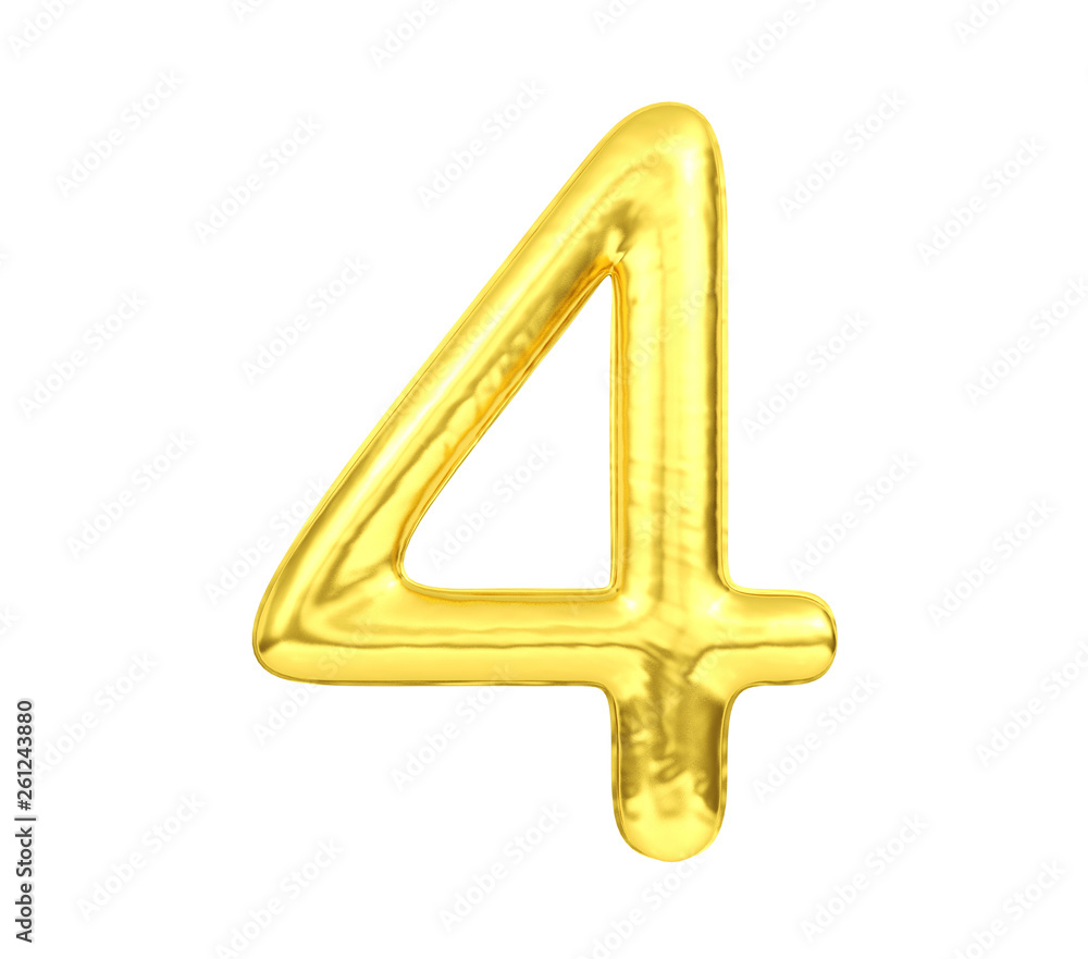 Numeral 4, Golden balloon number four isolated on white background, 3D Rendering Numeral 4, Golden balloon number four isolated on white background, 3D Rendering