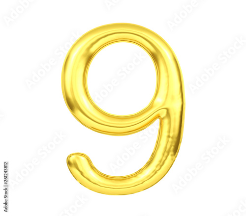 Numeral 9, Golden balloon number nine isolated on white background, 3D Rendering