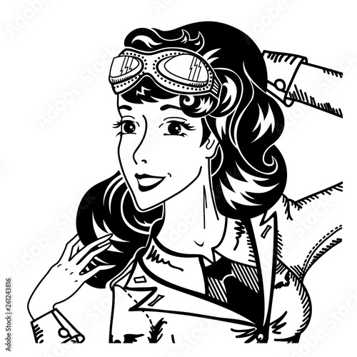 Vintage pin up woman pilot portrait