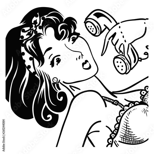 Vintage pin up surprised woman portrait with phone
