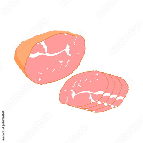Smoked ham isolated. Piece of delicious pork bacon. Meat gourmet product. Vector illustration in flat style