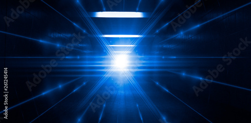 Dark blue tunnel  a ray of light. Abstract blue background.