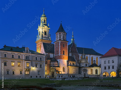 Krakow, Poland. Wawel Cathedral or The Royal Archcathedral Basilica of Saints Stanislaus and Wenceslaus on Wawel Hill in twilight. It is the coronation site and burial place of the Polish monarchs.