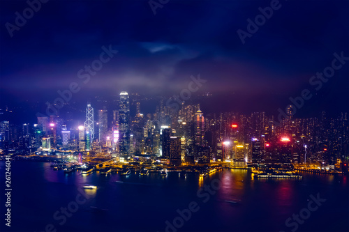 Aerial view of illuminated Hong Kong skyline. Hong Kong  China