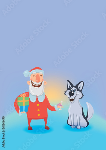 Happy laughing Santa Claus with dog. New year and Christmas cards for year of the dog according to the Eastern calendar. Vector Characters Illustration. © Tatyana