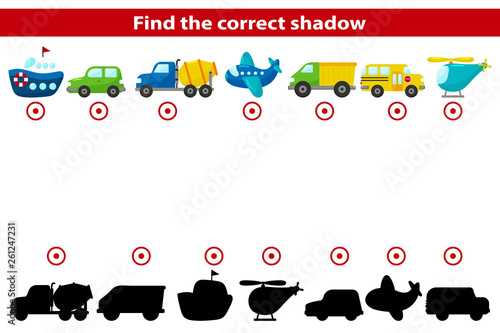 Find correct cars shadow. Cute vector ship, plane, helicopter, bus and truck. Educational game for preschool children.