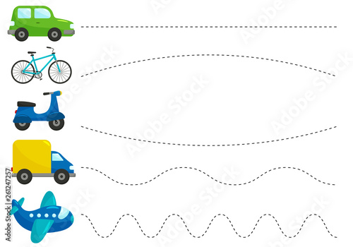 trace line worksheet for kids practicing fine motor skills transportation theme cute cartoon cars scooter and plane educational game for preschool children stock vector adobe stock