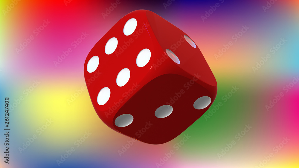 Close up of red playing dice, rotating on variously colored background. Close up of red playing dice, rotating on variously colored background.
