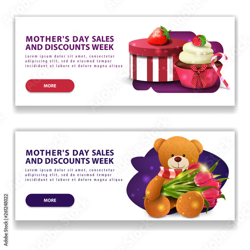 Two discount modern horizontal white banners for mother's day with buttons, gift, strawberry, cupcake and Teddy bear with a bouquet of tulips