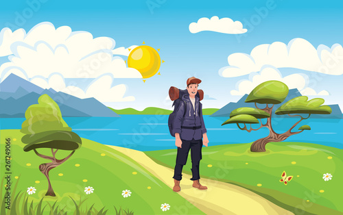 A young happy man, backpacker on the seaside. Hiker and Explorer. Vector Illustration.
