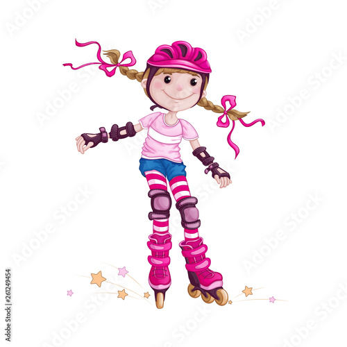 A girl in a pink helmet and protective accessories rollerblading. Children in the sport. Skate on roller skates. Cartoon vector character.
