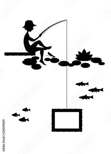 Silhouette of an angler boy with photo frame for wall decoration.