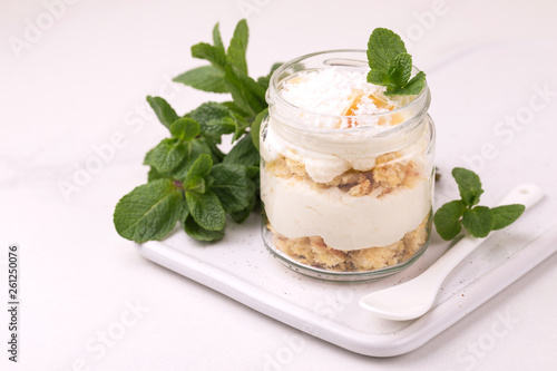 Coconut bisquit dessert with ricotta, mint. Yogurt breakfast