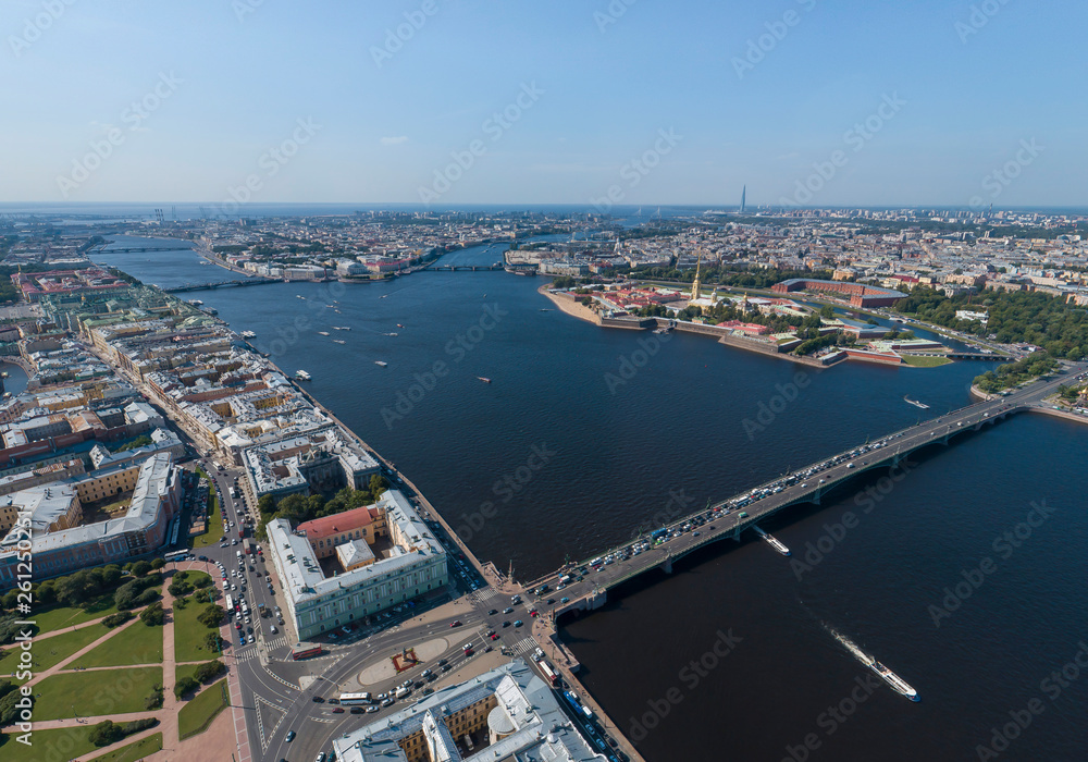 St. Petersburg from a height. Palace District, Neva River, Trinity Bridge. Aerial, summer, sunny