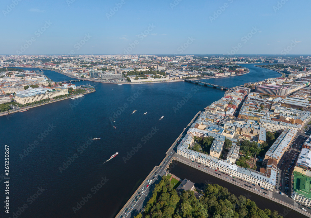 St. Petersburg from a height. Palace District, Neva River, Bolshaya Nevka River. Aerial, summer, sunny
