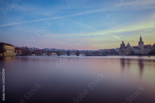 Prague, Czech Republuc, spring morning. View to the Charles Bridge and Vltava river 