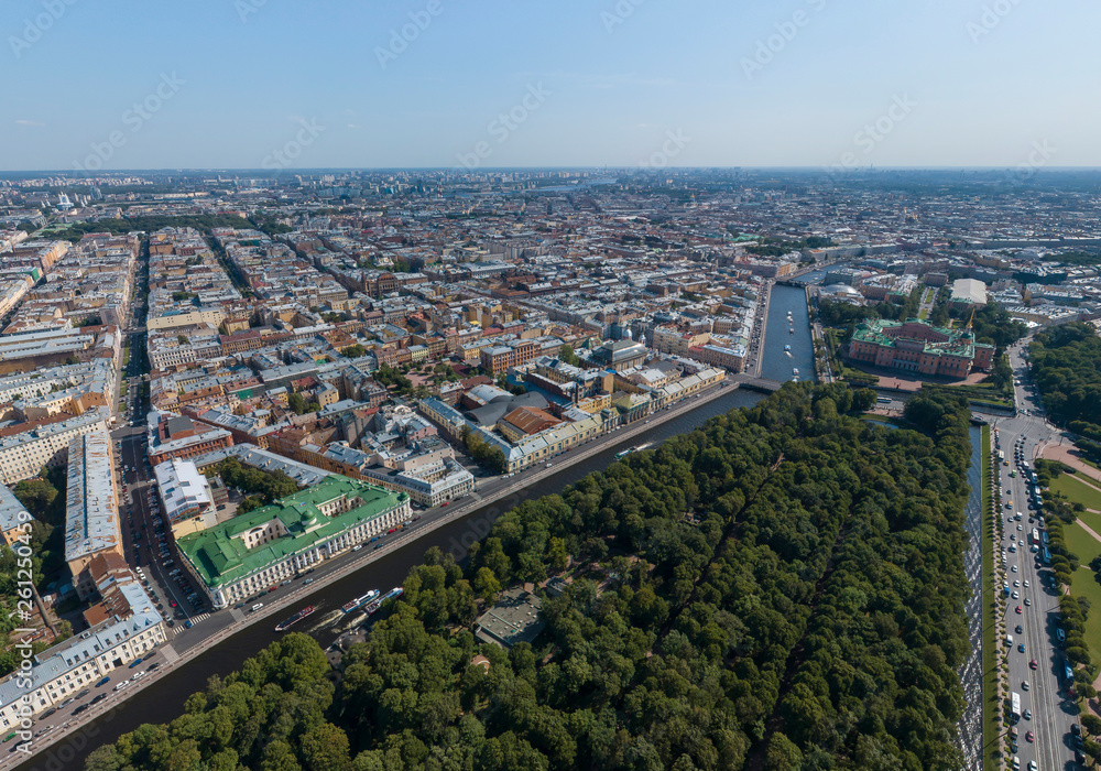 St. Petersburg from a height. Palace District, Summer garden, fontanka river. Aerial, summer, sunny