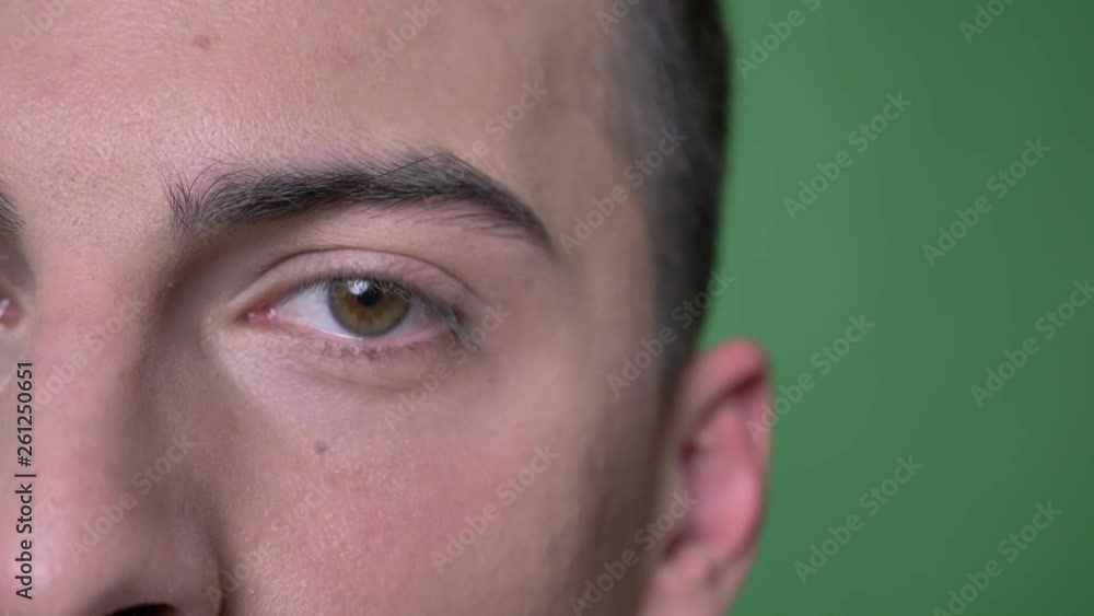 Closeup half-face shoot of young handsome caucasian male face with eyes looking straight at camera smiling happily with background isolated on green