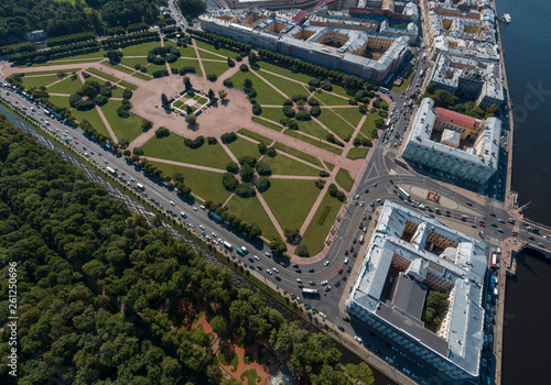 St. Petersburg from a height. Palace District, Summer garden, Field of Mars, Neva river. Aerial, summer, sunny