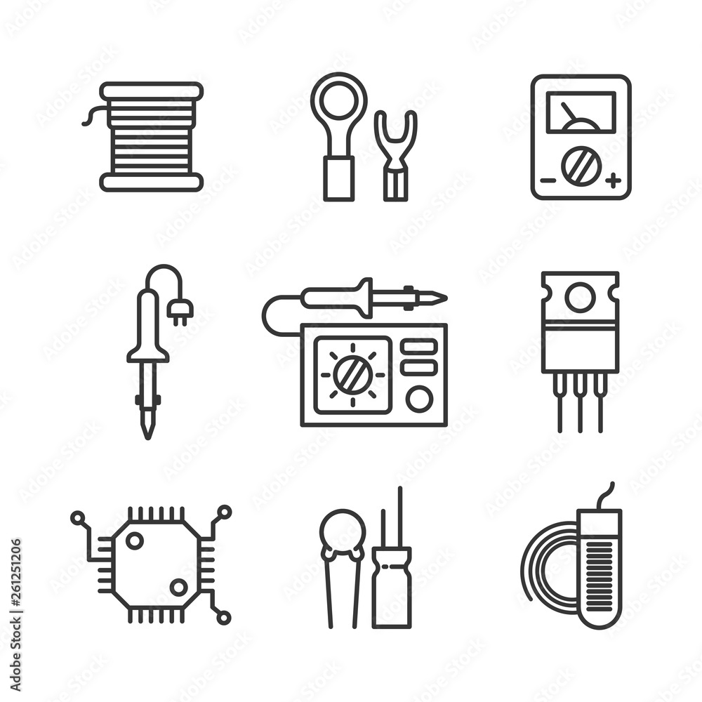 Radio engineering vector icon set for radio parts store. Soldering Iron, soldering station