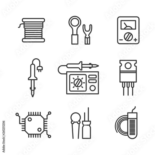 Radio engineering vector icon set for radio parts store. Soldering Iron, soldering station, multimeter and radio-components. Nine icons for micro-circuitry.