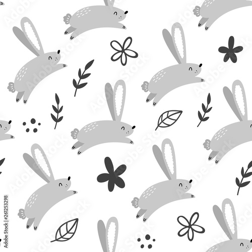 Vector seamless pattern with hares. Scandinavian, Doodle, hand drawn styles.