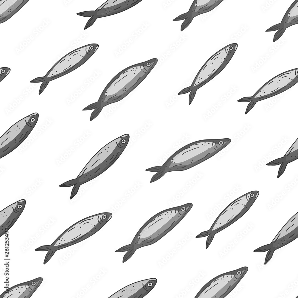Vector seamless pattern with anchovies. Fish background. Hand drawn style. Vector seamless pattern with anchovies. Fish background. Hand drawn style.
