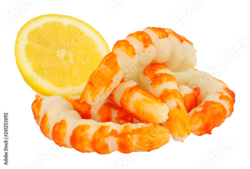 Wall Mural Fish protein surimi formed into prawn shapes isolated on a white background
