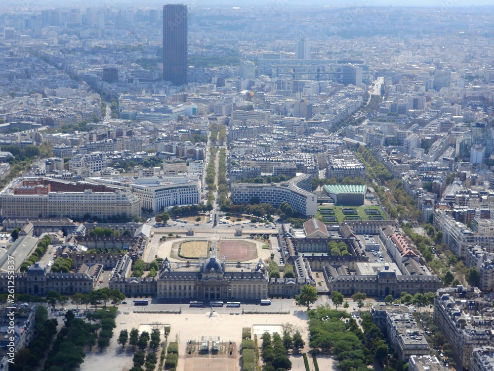 Champ de Mars view from top of eiffel tower looking down see the entire city as a beautiful classic architecture. A romantic place for lovers and family to visit.